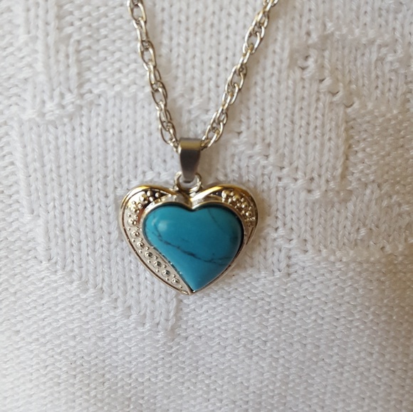 Elegant Heart Turquoise Silvertone Necklace - Picture 2 of 7
